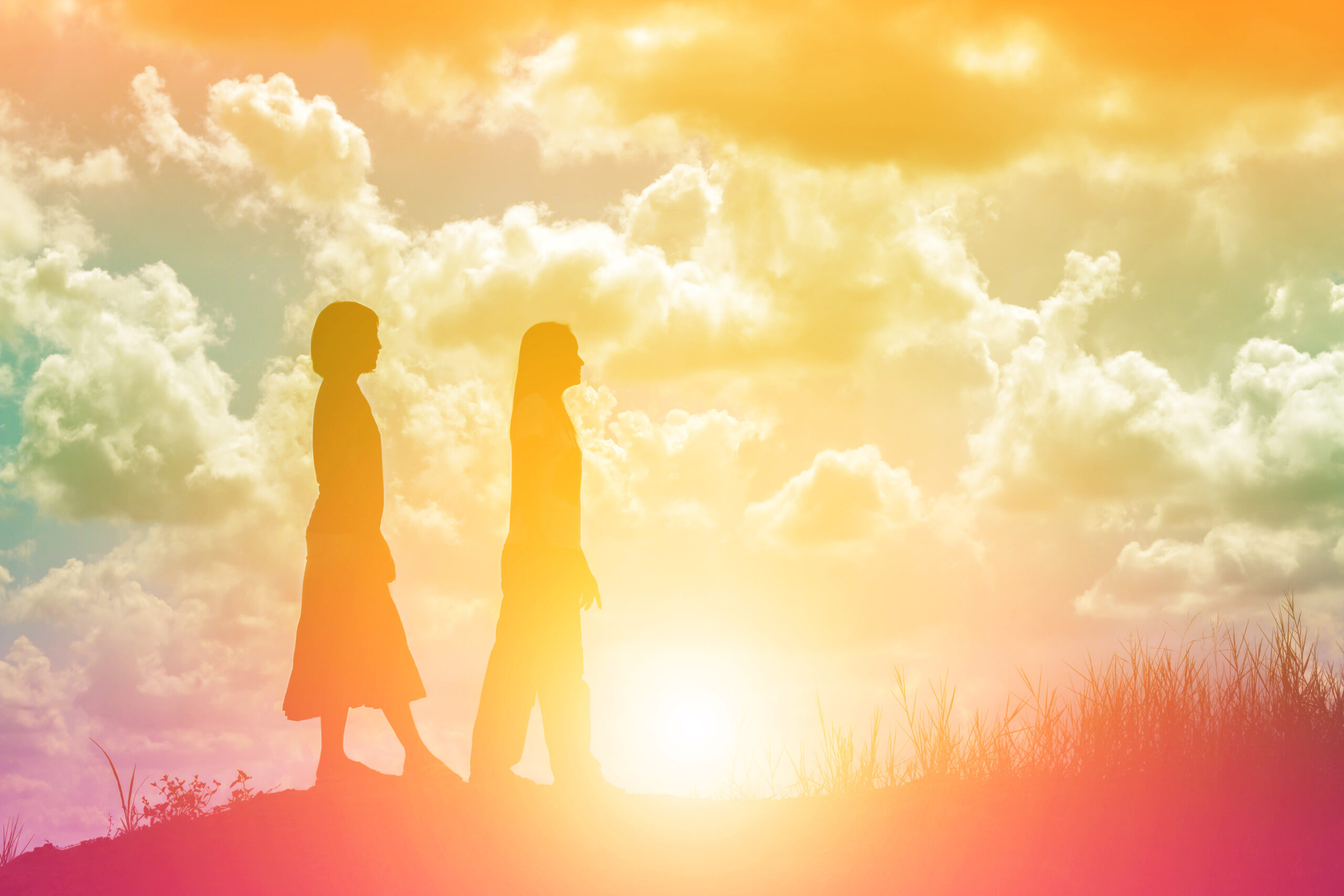 silhouette of two women